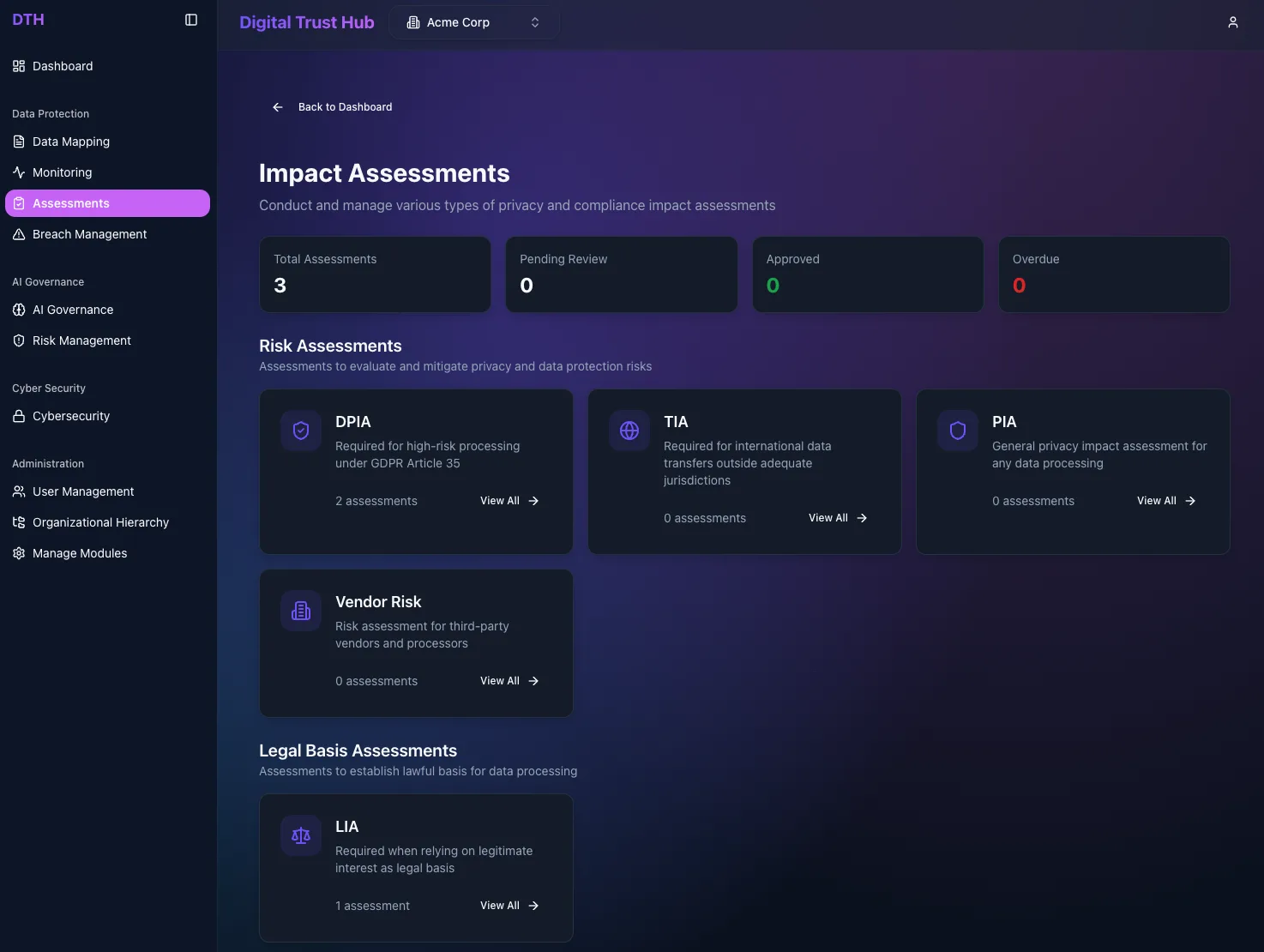 The assessments hub, listing impact assessments with their status and owner