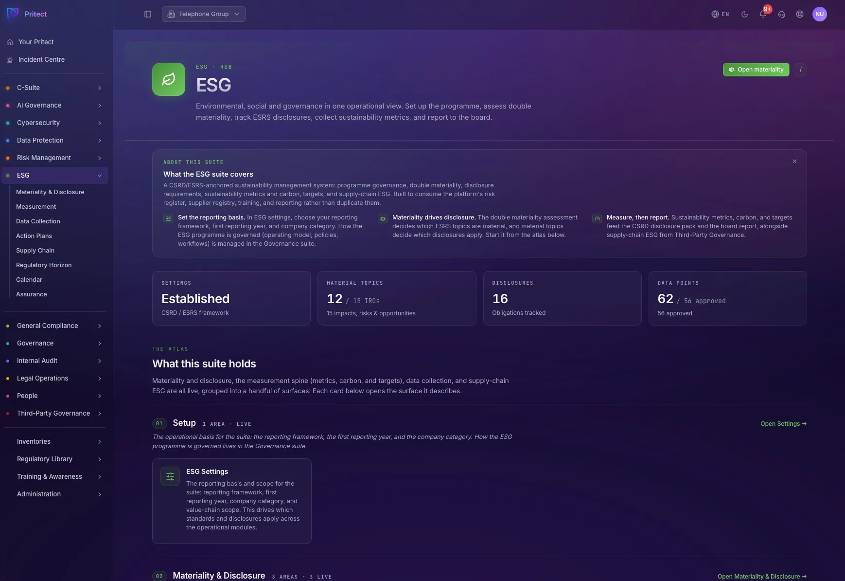 ESG hub showing the reporting framework, material topics, tracked disclosures and approved data points