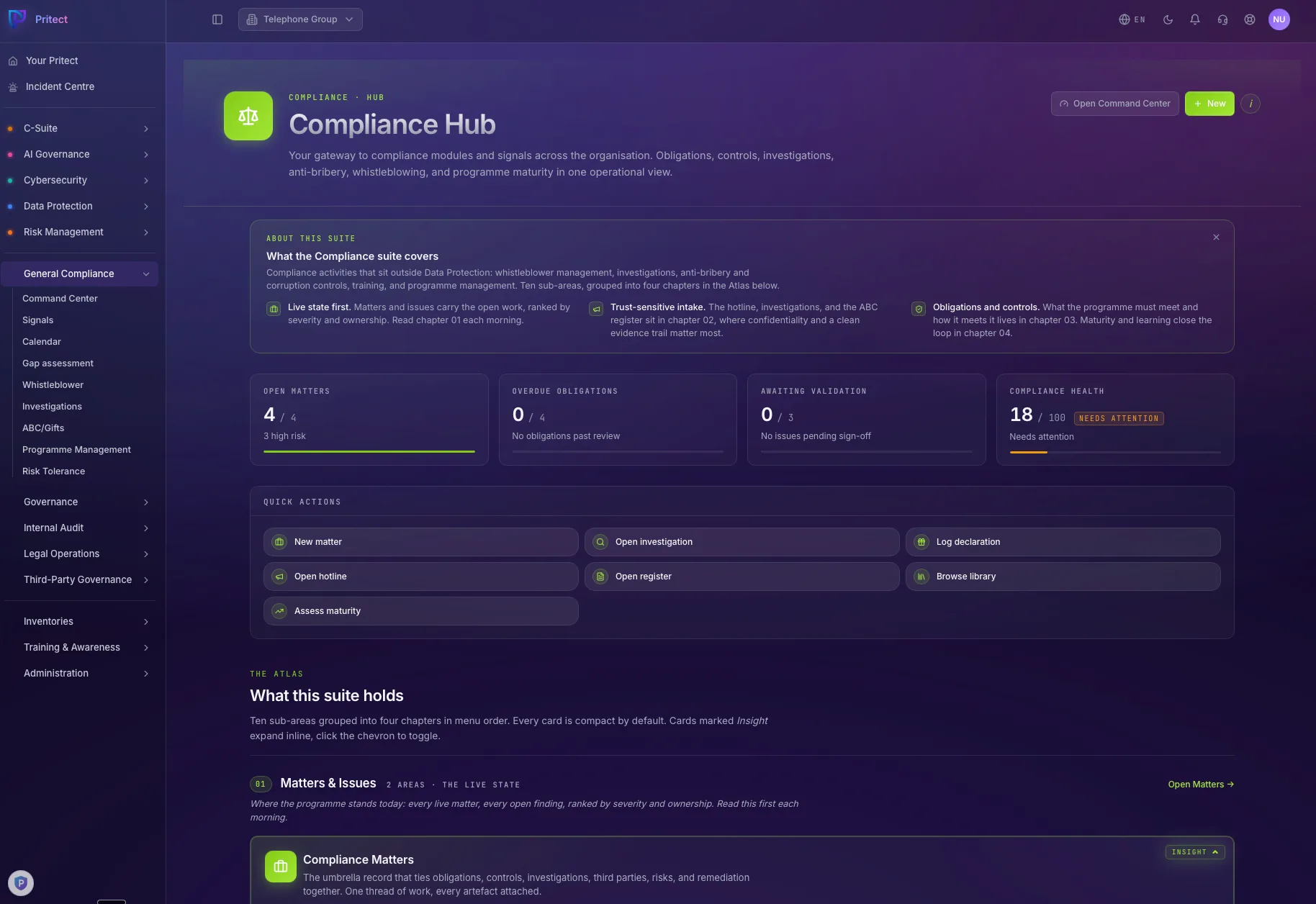 General Compliance hub with the obligation register, compliance calendar and maturity scorecard