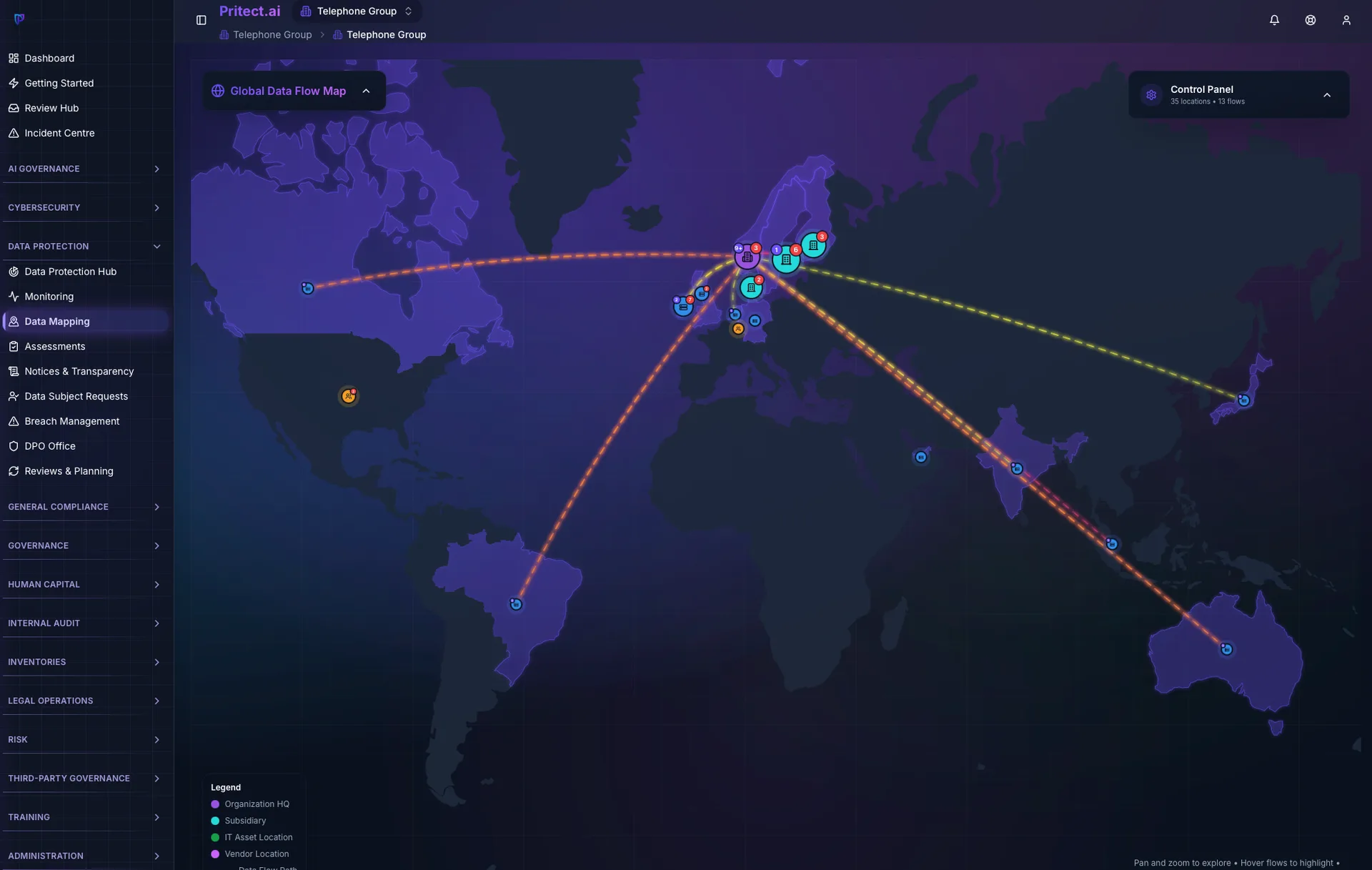 The global data flow map, showing transfers between countries and systems