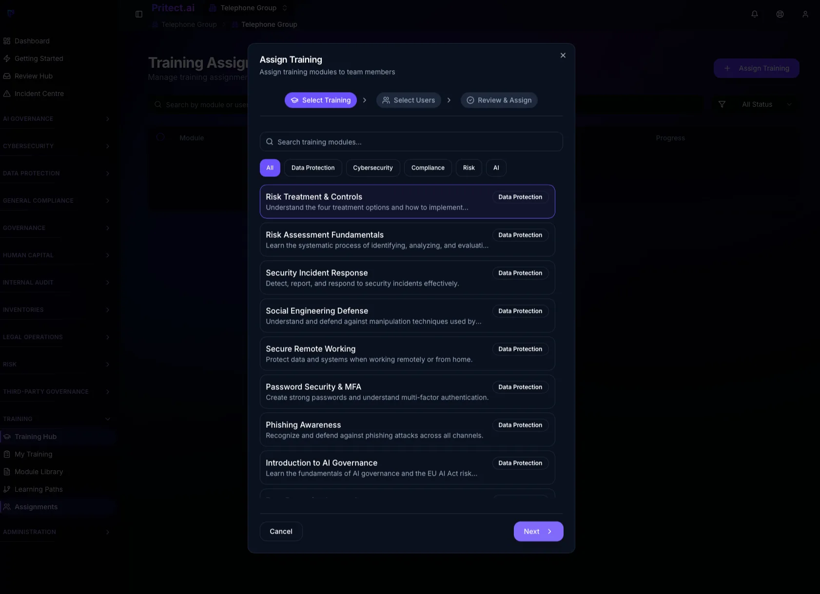 Training Assignment Dialog